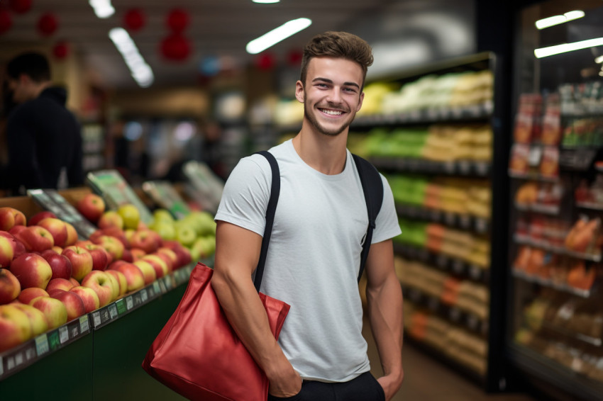 Confident young man with apple and shopping bag in grocery store Confident young man with apple and shopping bag in grocery store