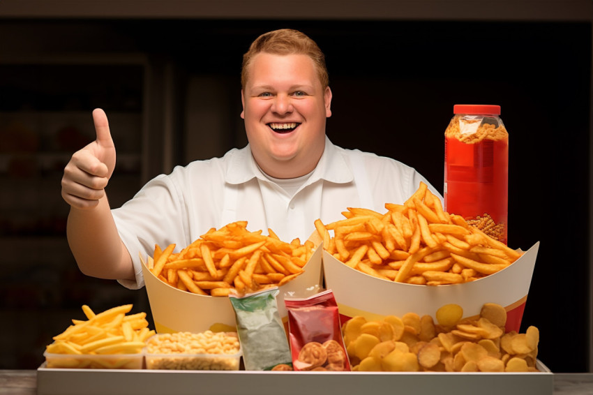 Smiling grocery store salesman giving thumbs up to products Smiling grocery store salesman giving thumbs up to products