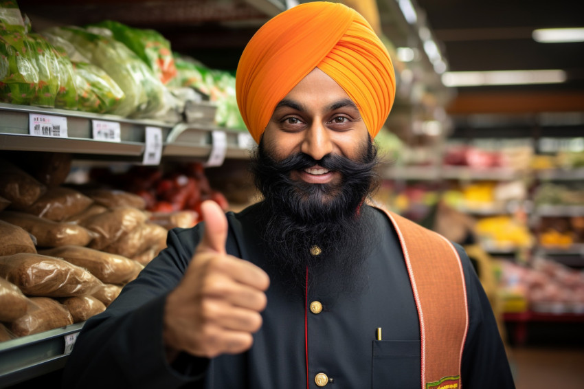 Photo of a Sikh man in a grocery store giving a thumbs up sign Photo of a Sikh man in a grocery store giving a thumbs up sign