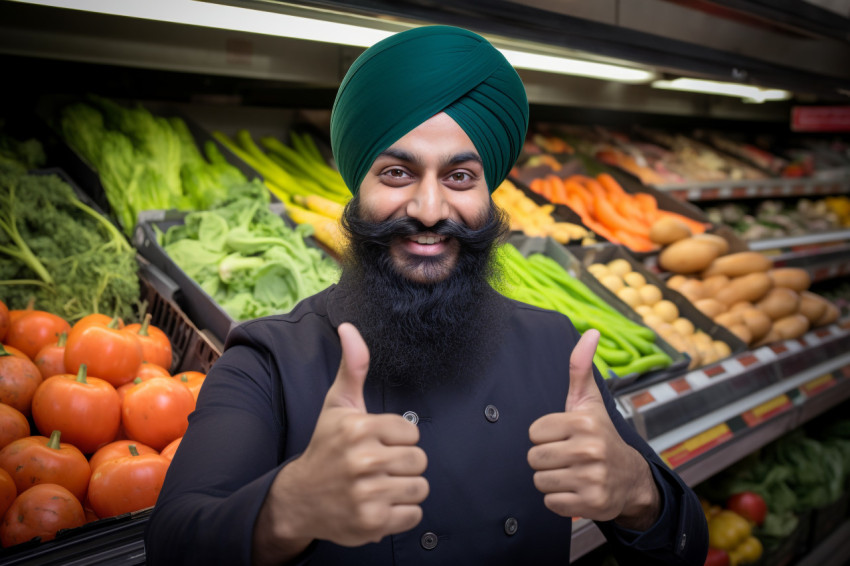 Photo of a Sikh man in a grocery store giving a thumbs up sign Photo of a Sikh man in a grocery store giving a thumbs up sign
