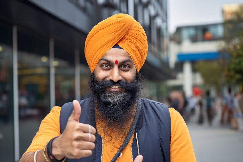 Photo of a Sikh man in a grocery store giving a thumbs up sign Photo of a Sikh man in a grocery store giving a thumbs up sign
