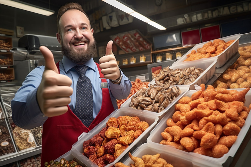 Smiling grocery store salesman giving thumbs up to products Smiling grocery store salesman giving thumbs up to products