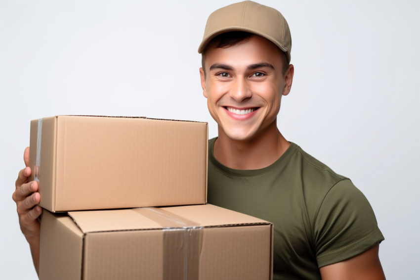 Friendly delivery man with cardboard box Friendly delivery man with cardboard box
