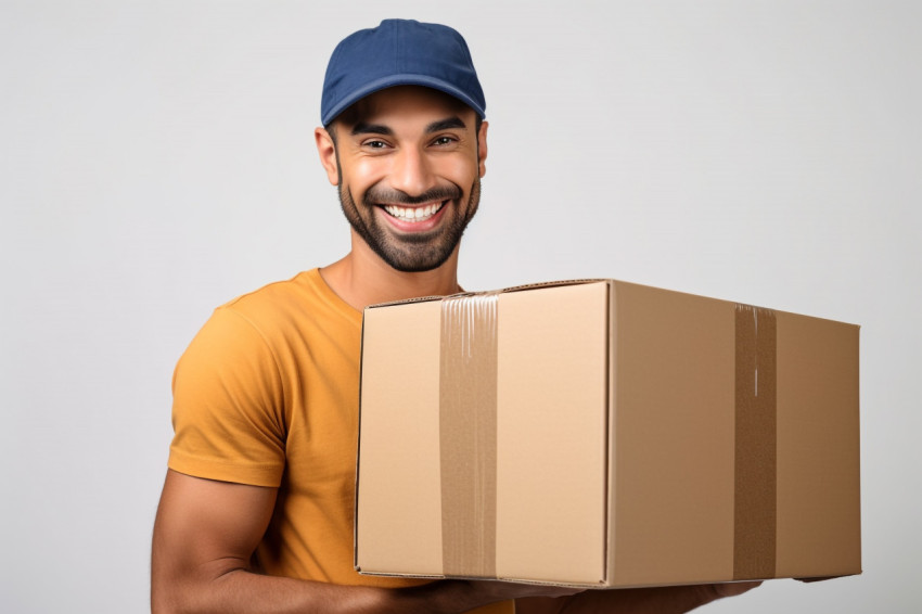 Friendly delivery man with cardboard box Friendly delivery man with cardboard box