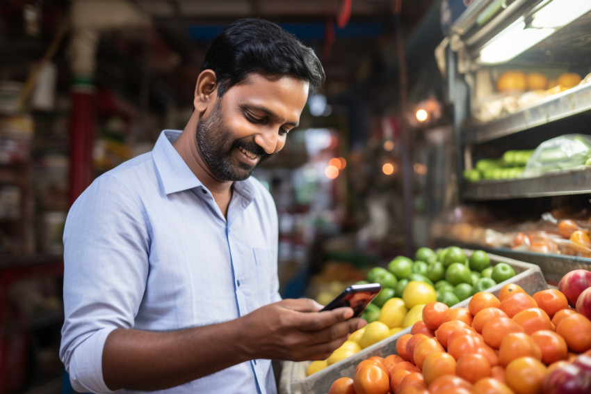 Indian man uses smartphone at grocery store Indian man uses smartphone at grocery store