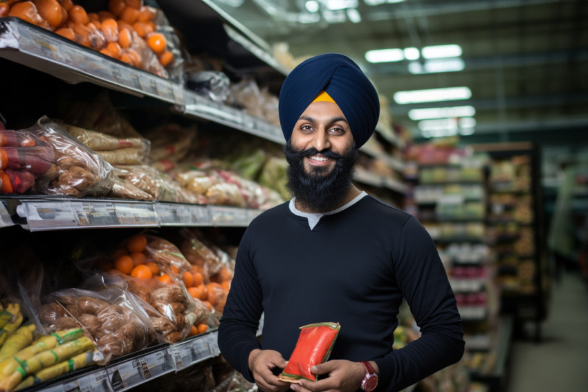 Photo of a Sikh man in a grocery store giving a thumbs up sign Photo of a Sikh man in a grocery store giving a thumbs up sign
