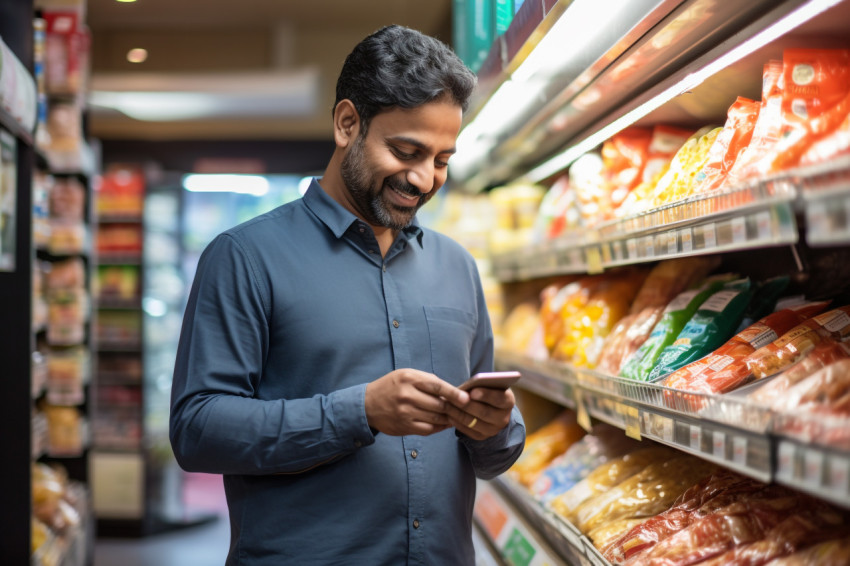 Indian man uses smartphone at grocery store Indian man uses smartphone at grocery store