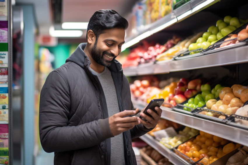 Indian man uses smartphone at grocery store Indian man uses smartphone at grocery store