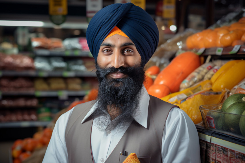 Indian Sikh grocery store salesman portrait Indian Sikh grocery store salesman portrait