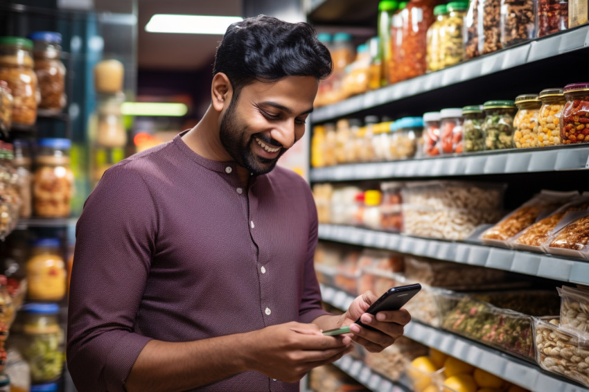 Indian man uses smartphone at grocery store Indian man uses smartphone at grocery store