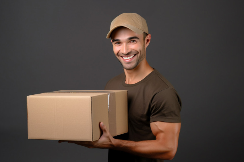 Delivery man holding cardboard box portrait Delivery man holding cardboard box portrait