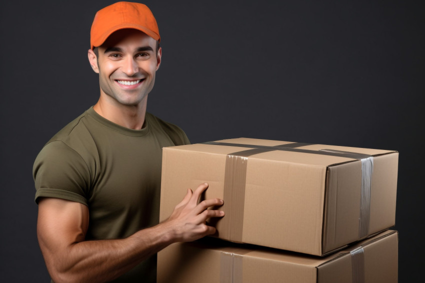 Delivery man holding cardboard box portrait Delivery man holding cardboard box portrait