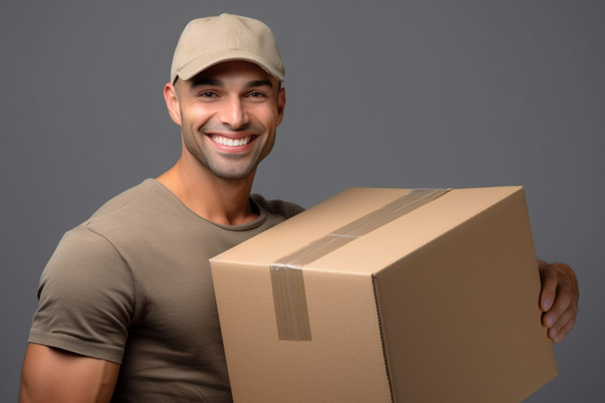 Delivery man holding cardboard box portrait Delivery man holding cardboard box portrait