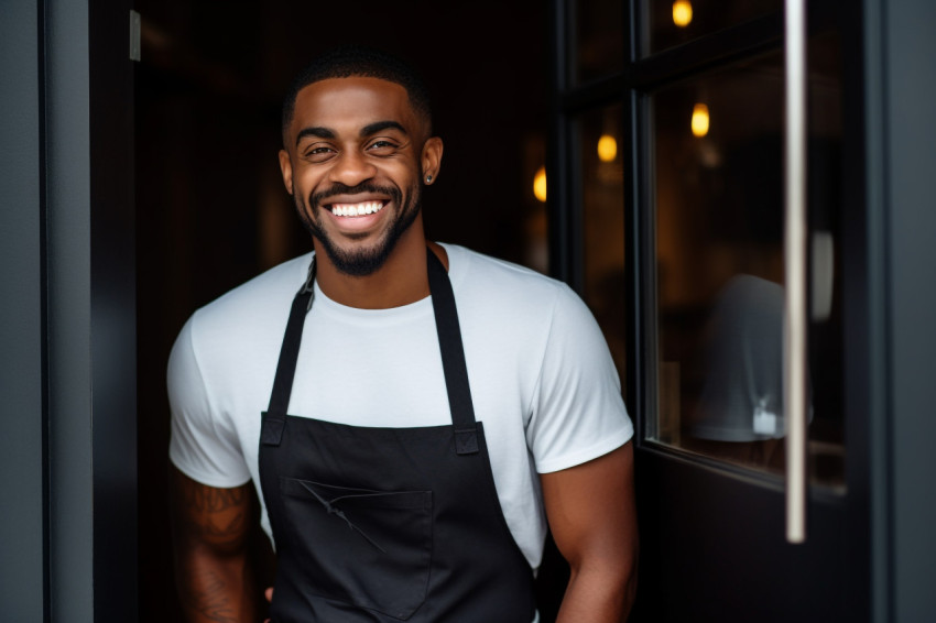 Black man in apron standing in front of door Black man in apron standing in front of door