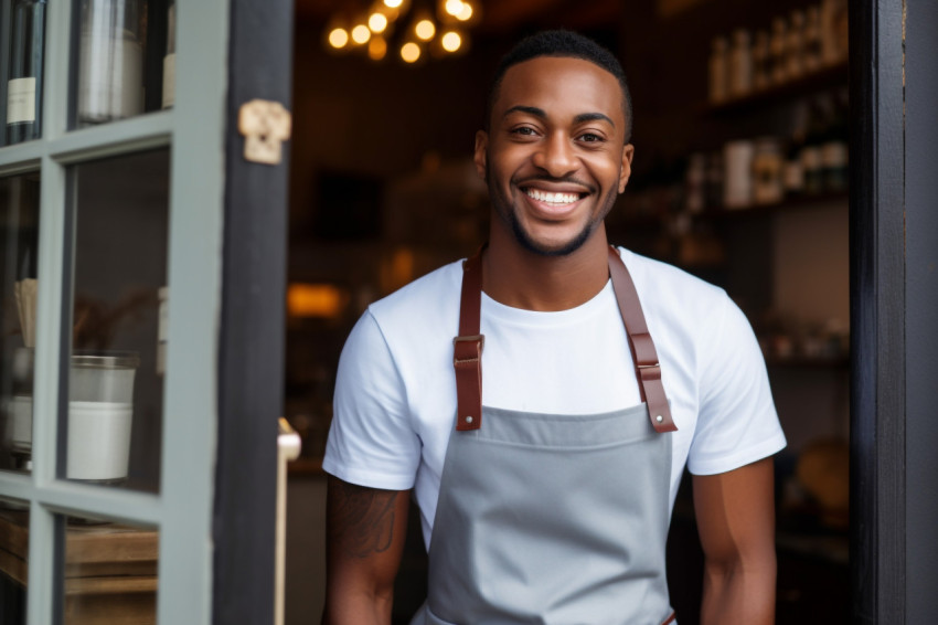 Black man in apron standing in front of door Black man in apron standing in front of door