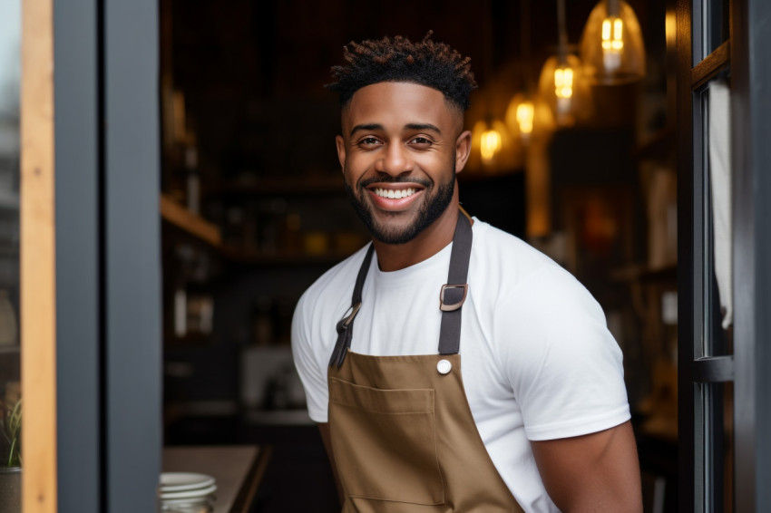 Black man in apron standing in front of door Black man in apron standing in front of door