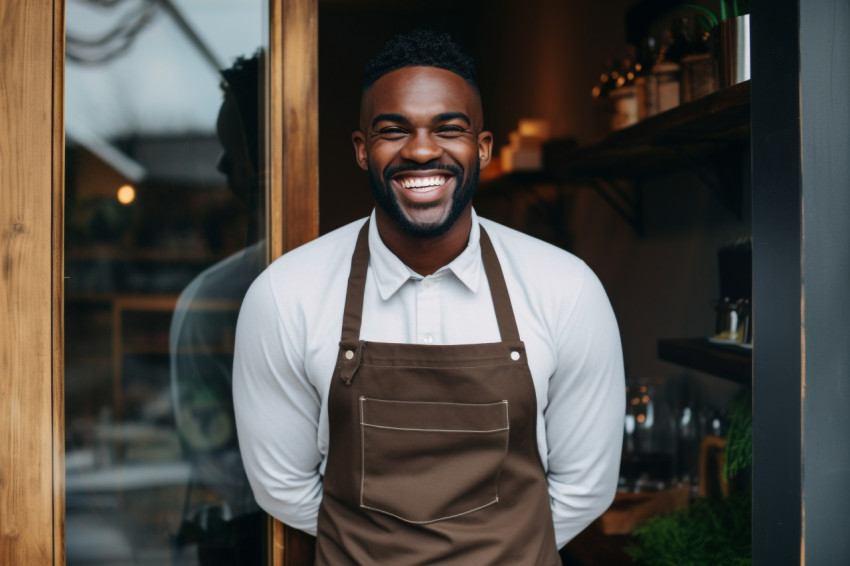 Black man in apron standing in front of door Black man in apron standing in front of door