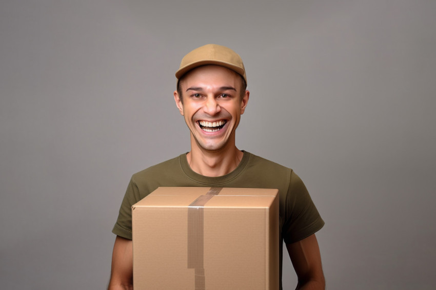 Young delivery man holding package in front of grey background Young delivery man holding package in front of grey background