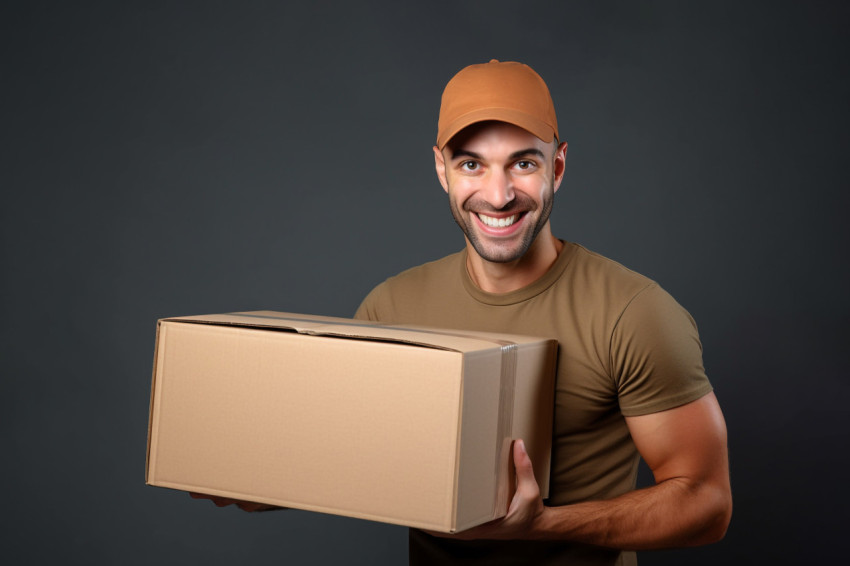 Young delivery man holding package in front of grey background Young delivery man holding package in front of grey background