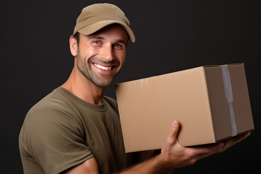 Young delivery man holding package in front of grey background Young delivery man holding package in front of grey background