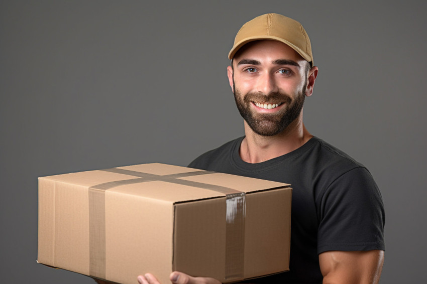 Young delivery man holding package in front of grey background Young delivery man holding package in front of grey background