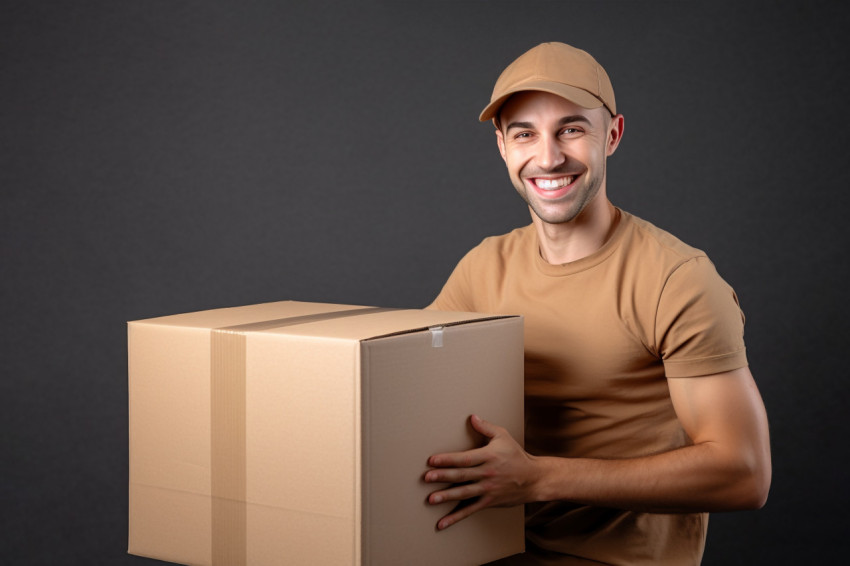 Delivery man holding cardboard box portrait Delivery man holding cardboard box portrait