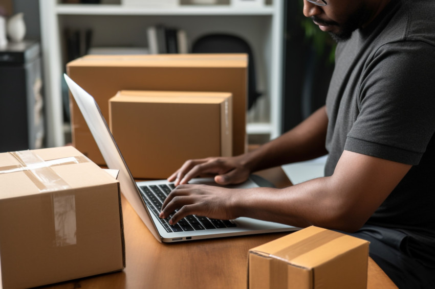 Man checking order on laptop and packing parcel for shipping Man checking order on laptop and packing parcel for shipping
