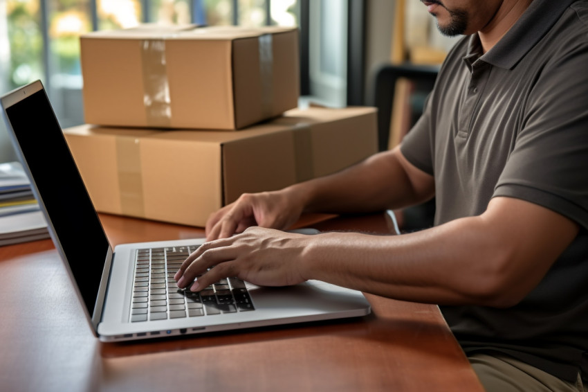 Man checking order on laptop and packing parcel for shipping Man checking order on laptop and packing parcel for shipping