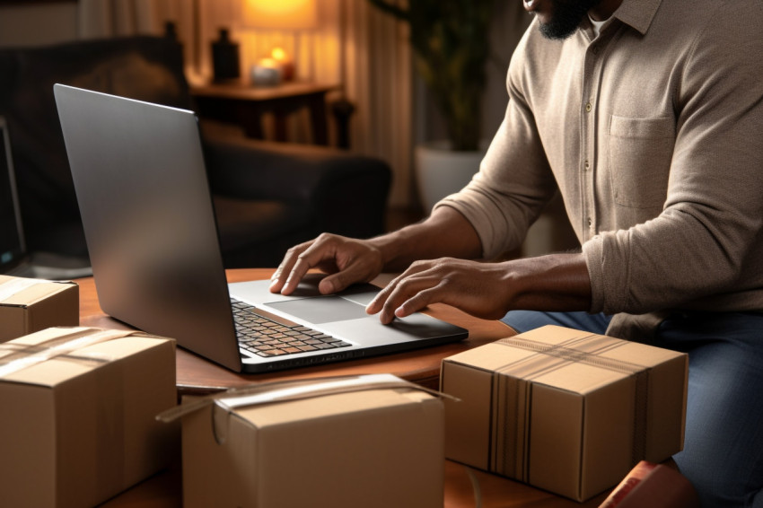 Man checking order on laptop and packing parcel for shipping Man checking order on laptop and packing parcel for shipping