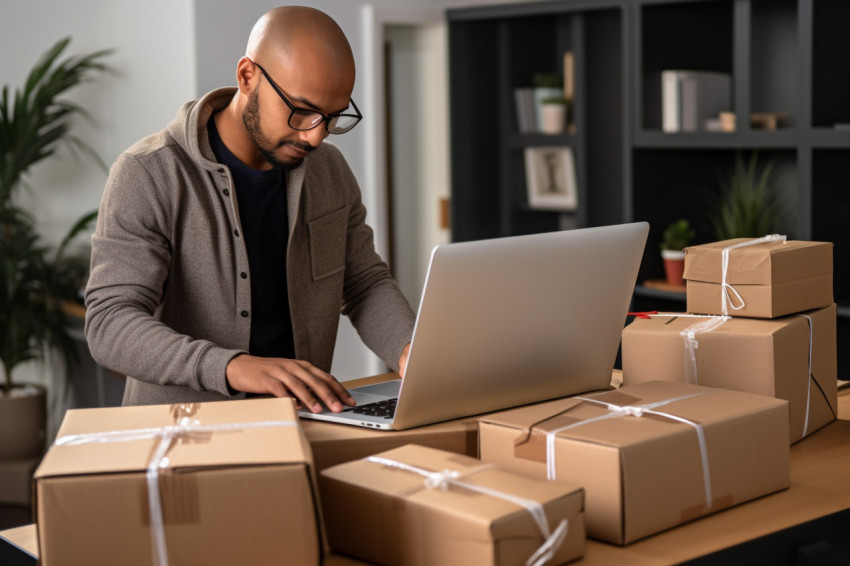 Man checking order on laptop and packing parcel for shipping Man checking order on laptop and packing parcel for shipping