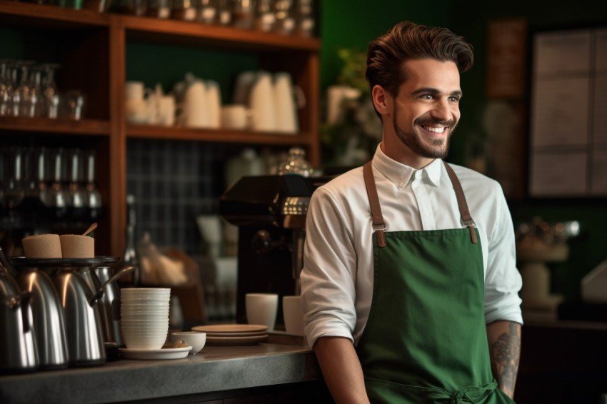 Side view of smiling young barista holding coffee cup at counter