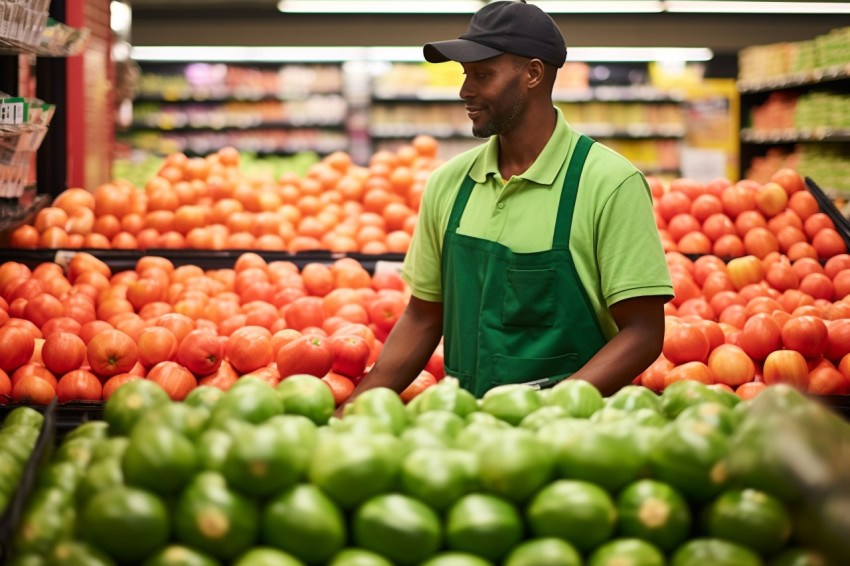 Supermarket worker stocking fresh watermelons