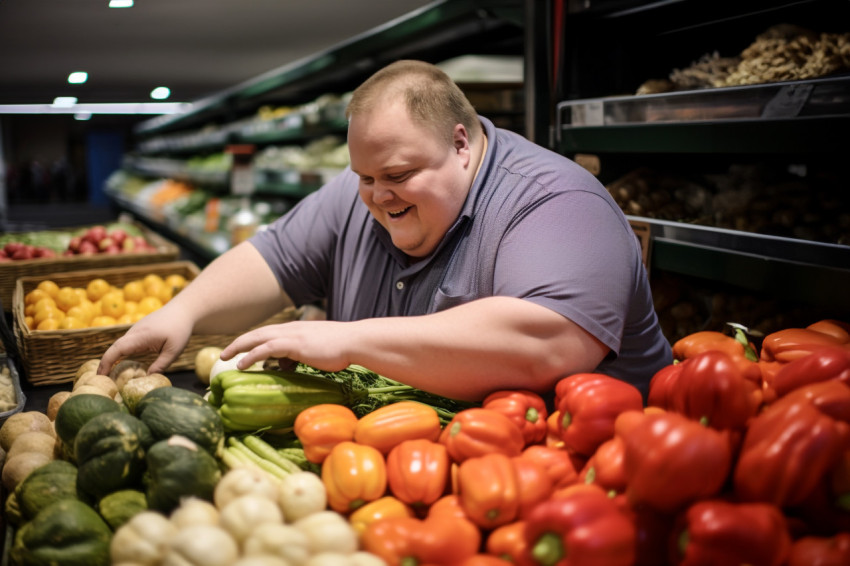 Down syndrome man weighs vegetables at grocery store Down syndrome man weighs vegetables at grocery store
