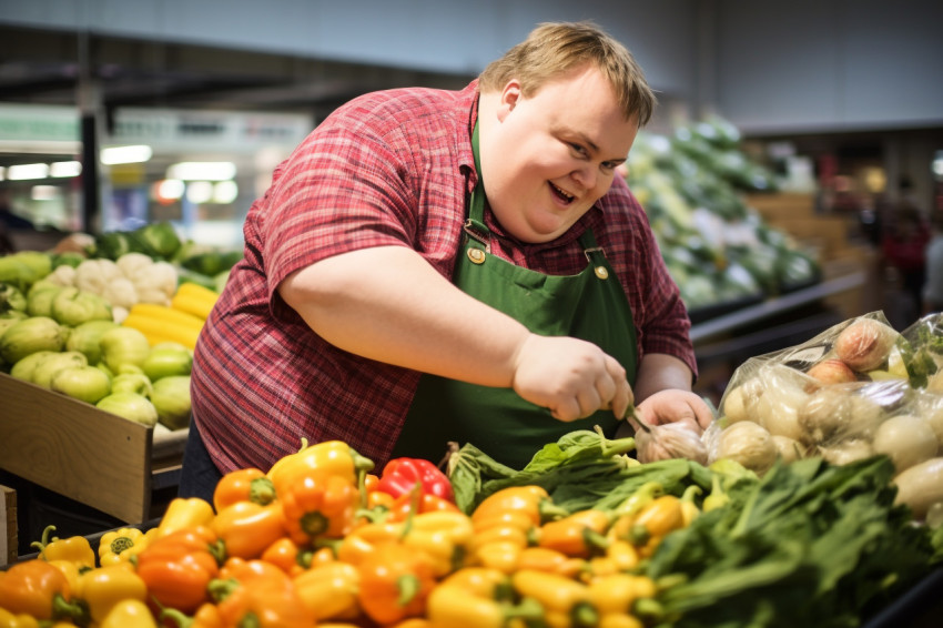 Down syndrome man weighs vegetables at grocery store Down syndrome man weighs vegetables at grocery store