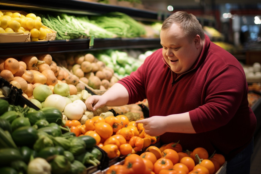 Down syndrome man weighs vegetables at grocery store Down syndrome man weighs vegetables at grocery store