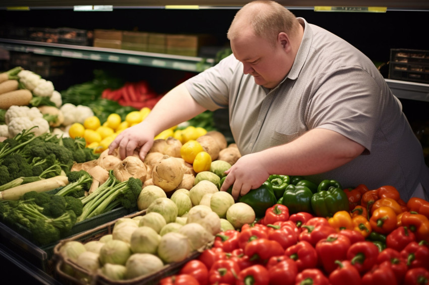 Down syndrome man weighs vegetables at grocery store Down syndrome man weighs vegetables at grocery store