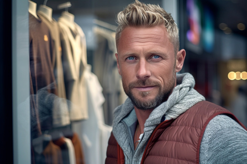 Outdoor photo of handsome man standing by shop window Outdoor photo of handsome man standing by shop window