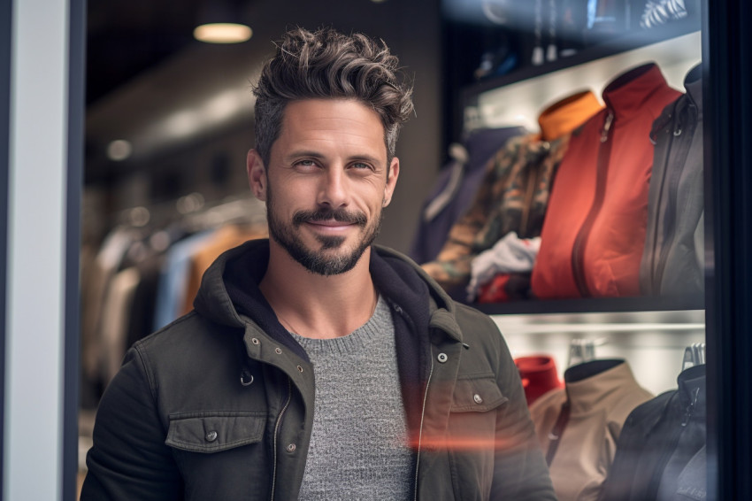Outdoor photo of handsome man standing by shop window Outdoor photo of handsome man standing by shop window