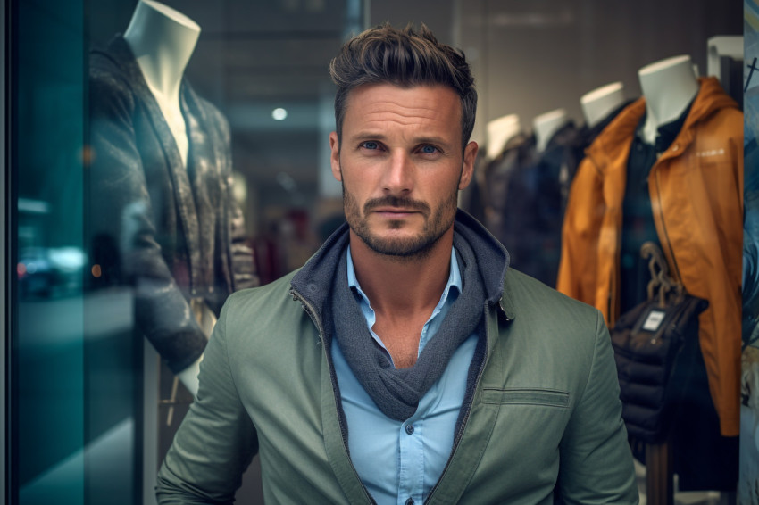 Outdoor photo of handsome man standing by shop window Outdoor photo of handsome man standing by shop window
