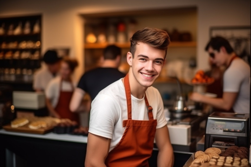 Smiling baker at cash register Smiling baker at cash register