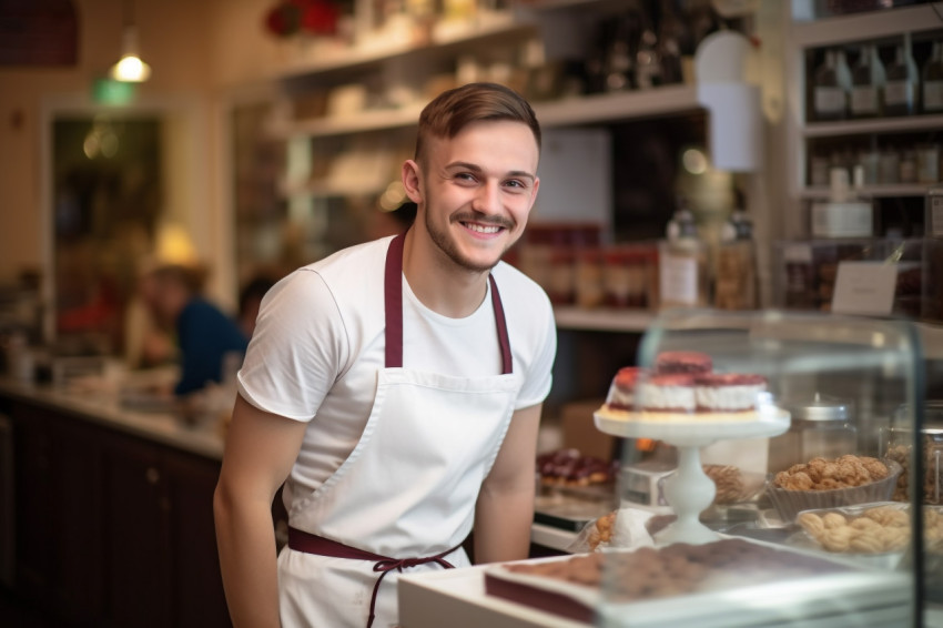 Smiling baker at cash register Smiling baker at cash register