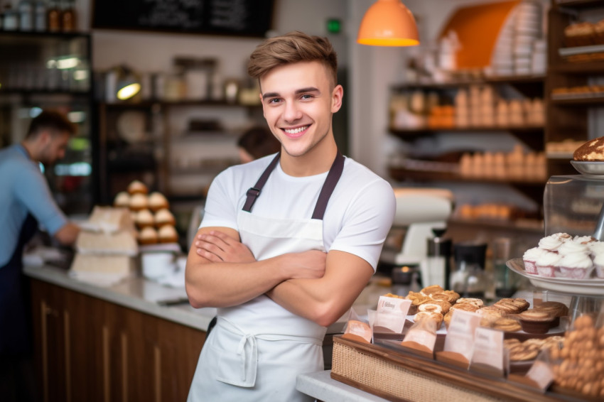 Smiling baker at cash register Smiling baker at cash register