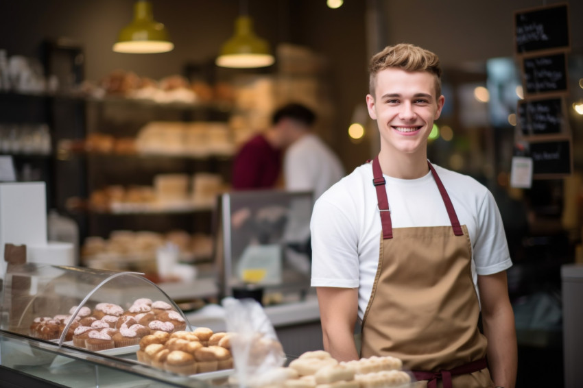 Smiling baker at cash register Smiling baker at cash register