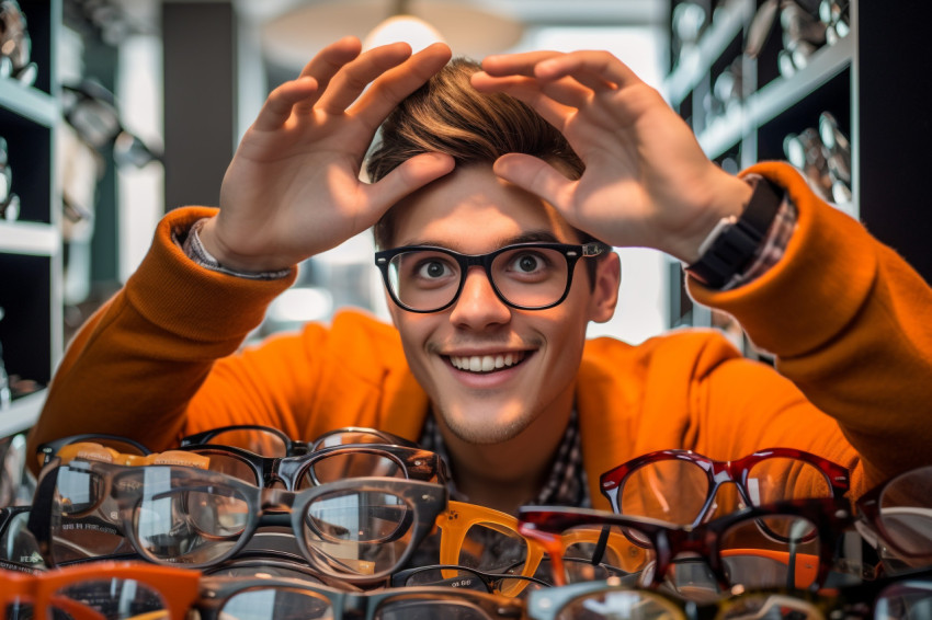 Young mans hands hold glasses at optician while looking for sunglasses