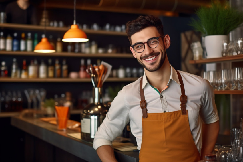 Photo of handsome barista smiling at camera Photo of handsome barista smiling at camera