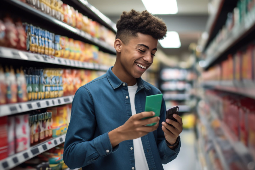 Young man shopping with phone in supermarket Young man shopping with phone in supermarket