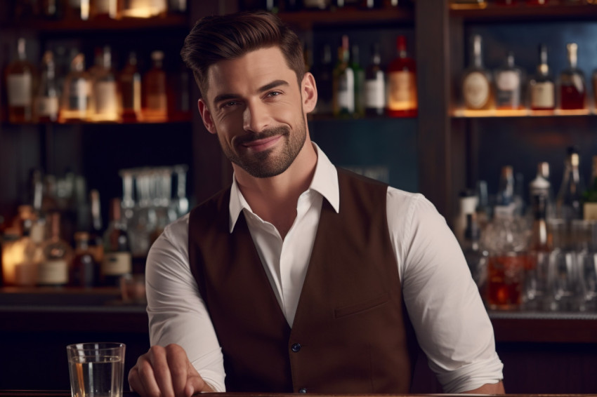 Smiling bartender posing at counter looking at camera Smiling bartender posing at counter looking at camera