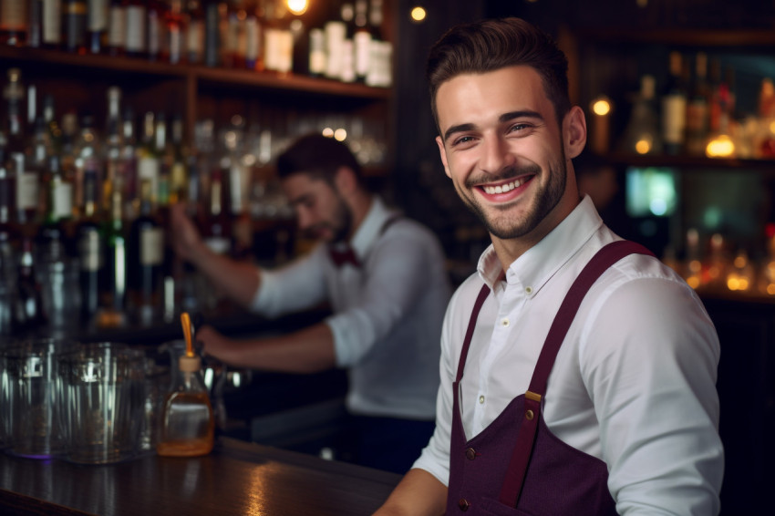 Smiling bartender posing at counter looking at camera Smiling bartender posing at counter looking at camera