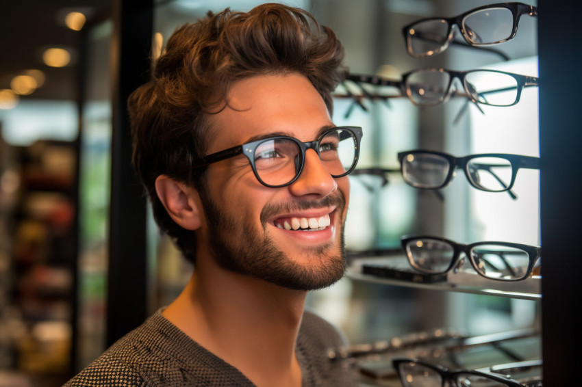 Close up of young mans hands holding glasses at optician Close up of young mans hands holding glasses at optician