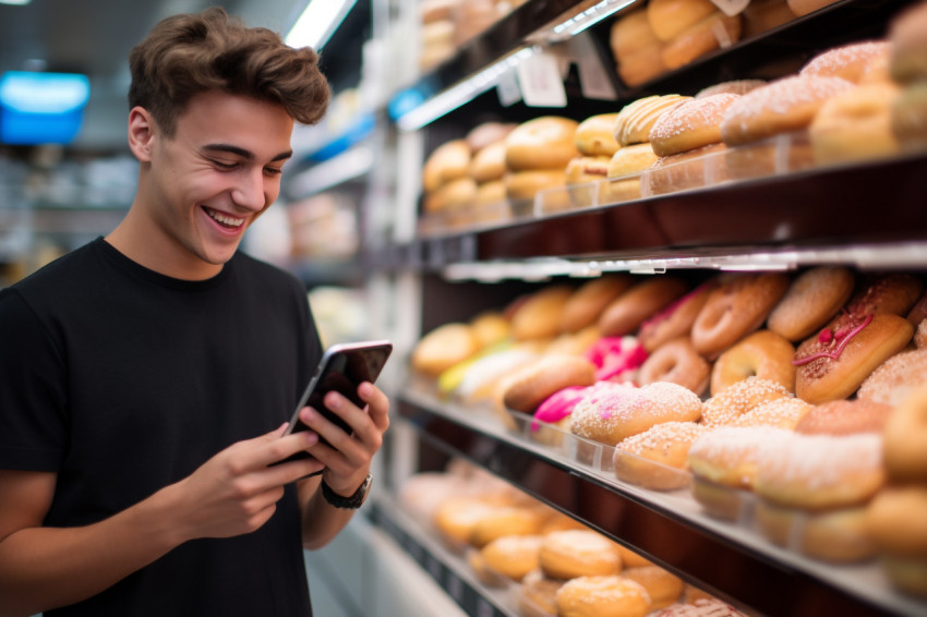 Young man shopping with phone in supermarket Young man shopping with phone in supermarket